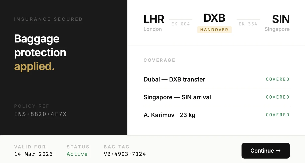 Insurance secured with baggage protection applied